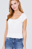 Short Puff Sleeve Front Tie Detail Smocked Waist Knit Gauze Top