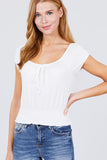 Short Puff Sleeve Front Tie Detail Smocked Waist Knit Gauze Top