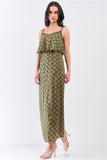 Mustard Multi Printed Sleeveless Criss-cross Back Side Slit Detail Maxi Dress